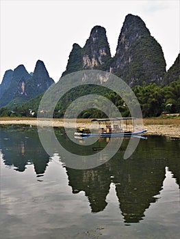 Bamboo Raft at base of Mountains in Guilin China