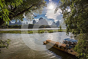 Bamboo raft on Li river Guilin Xingping Town, Fishing Village, Guangxi