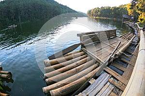 Bamboo raft in river,river and mountain landscape,North Thailand