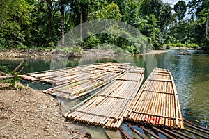 Bamboo rafts on green tropical river