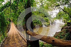 The bamboo rope bridge in Tad Pha Souam waterfall, Laos.