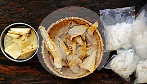 Bamboo shoots with three processing: dry, brined, boil to make raw material for many Vietnamese vegan food