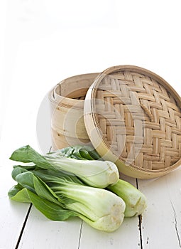 Bamboo steamer and bok choy