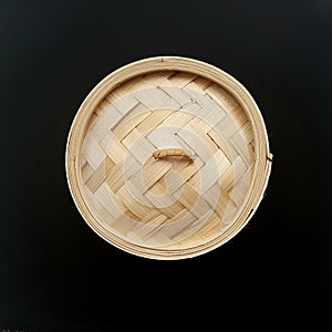 Bamboo steamer for dumplings. isolated on black. photo flat lay.