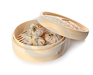 Bamboo steamer with tasty baozi dumplings