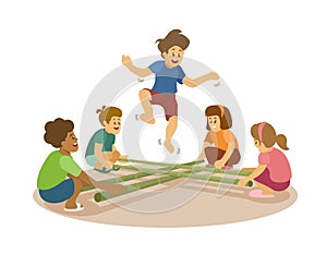 Bamboo Stick Jump Traditional Game Cartoon illustration Vector