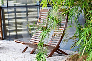 Bamboo table and chairs in Japanese garden