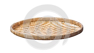 Bamboo threshing basket or blank kitchen wood tray for dried food isolated on white background, clippingpath