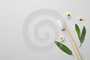 Bamboo toothbrush, beautiful chamomile flowers and fresh sage leaves on white background, flat lay. Space for text