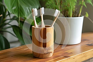 Bamboo toothbrush holder banner. Generate ai