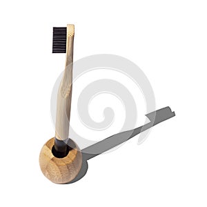 Bamboo toothbrush on holder isolated on white background.