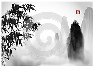 Bamboo tree and high misty mountains with forest trees. Traditional oriental ink painting sumi-e, u-sin, go-hua style