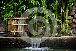 bamboo water fountain against a stone wall