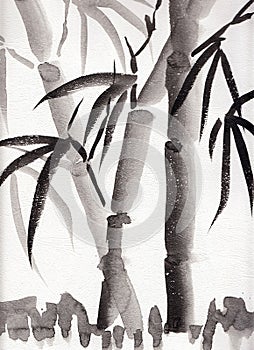 Bamboo on white background, made in Chinese technique go-hua. Hand drawn watercolor with paper texture. Bitmap image