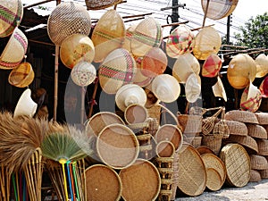 Bamboo wickerwork baskets on the thailand market place.