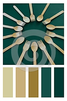 Bamboo wooden spoons. Eco friendly kitchen utensil. Ecological conceptn a colour palette photo