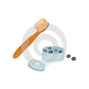 Bamboo wooden toothbrushe and solid toothpaste in tablets in cartoon flat style for healthy teeth cleaning. Zero waste