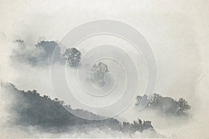 A Bamford Edge digital watercolour painting of trees and mist in the Peak District, UK