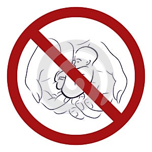 Ban on affiliation. The danger of adoption children during quarantine. Vector outline symbol of female hands with a baby