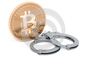 Ban of crypto mining concept. Handcuffs with bitcoin, 3D rendering