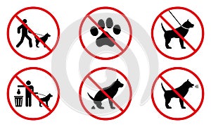 Ban Dog Black Silhouette Icon Set. Forbid Pet Entrance Walk Pictogram. Park Zone Red Stop Symbol. No Allowed Animal