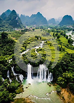 Ban Gioc Detian waterfall on China and Vietnam border aerial vie