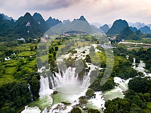 Ban Gioc Detian waterfall on China and Vietnam border aerial vie