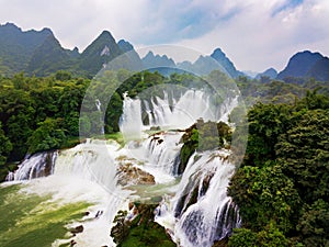 Ban Gioc Detian waterfall on China and Vietnam border aerial view