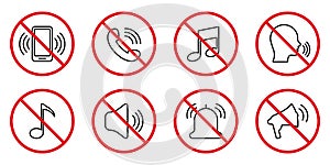 Ban Loud Sound Voice Black Line Ban Icon Set. Forbidden Noise Phone Loudspeaker Sound Outline Pictogram. Call Red Stop