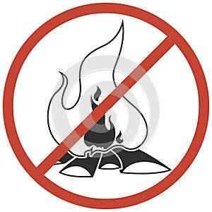 The ban on making campfires. A sign that does not allow burning bonfire on the ground. Danger of forest fires. Flame with a red