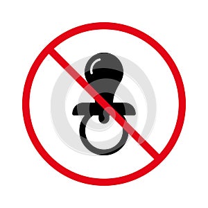 Ban Pacifier Black Silhouette Icon. Forbidden Nipple Pacify Child Pictogram. Caution Baby Sucker Red Stop Circle Symbol photo
