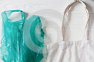 Ban plastic. plastic bag with eco natural reusable tote bag for