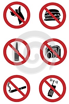 Ban signs on dogs, smoking, food, drinking, camera