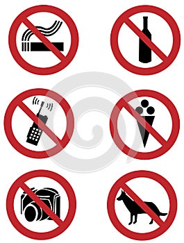 Ban signs on dogs, smoking, food, drinking, camera