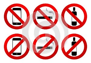 Ban signs: no cell, no smoke, no drink