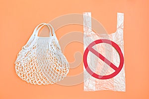 Ban single use plastic, stop sign and eco natural reusable tote mesh shopping bag