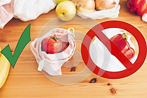 Ban single use plastic. Zero Waste shopping concept. Fresh groceries in reusable eco bags and vegetables in plastic polyethylene