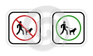 Ban Zone for Walking Dog Black Silhouette Icon. Male and Pet on Leash Walk Forbidden Pictogram. Prohibit Stroll Red Stop