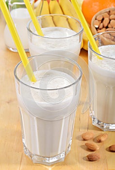 Banana and almond milk smoothie on a table.