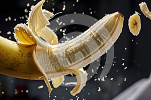 banana being peeled midair, fruit segments separating