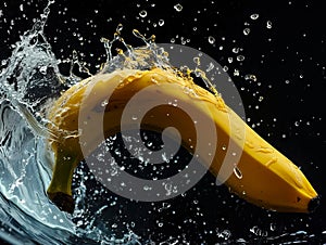 A banana is being splashed by water