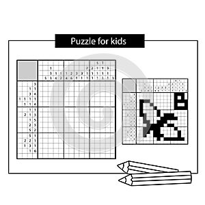 Banana. Black and white japanese crossword with answer. Nonogram with answer. Graphic crossword. Puzzle game for kids.