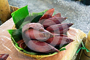 Banana blossom, pile of banana blossom on basket