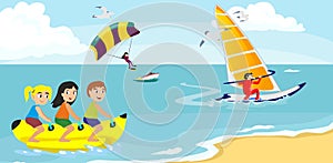 Banana boat water extreme sports, isolated design element for summer vacation activity concept, cartoon wave surfing