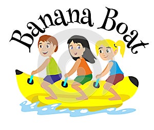 Banana boat water extreme sports, isolated design element for summer vacation activity concept, cartoon wave surfing