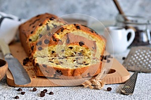 Banana bread with chocolate chips on the table