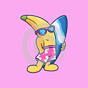 Banana bring Surfboard with Cool Pose. Fruit Summer Vector Icon Illustration, Isolated on Premium Vector