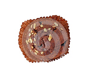Banana brown cupcake muffin topped with nut isolated on white Background