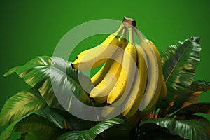 Banana bunch on green background. 3d render illustration with copy space