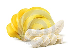 Banana bunch and peeled pieces on white